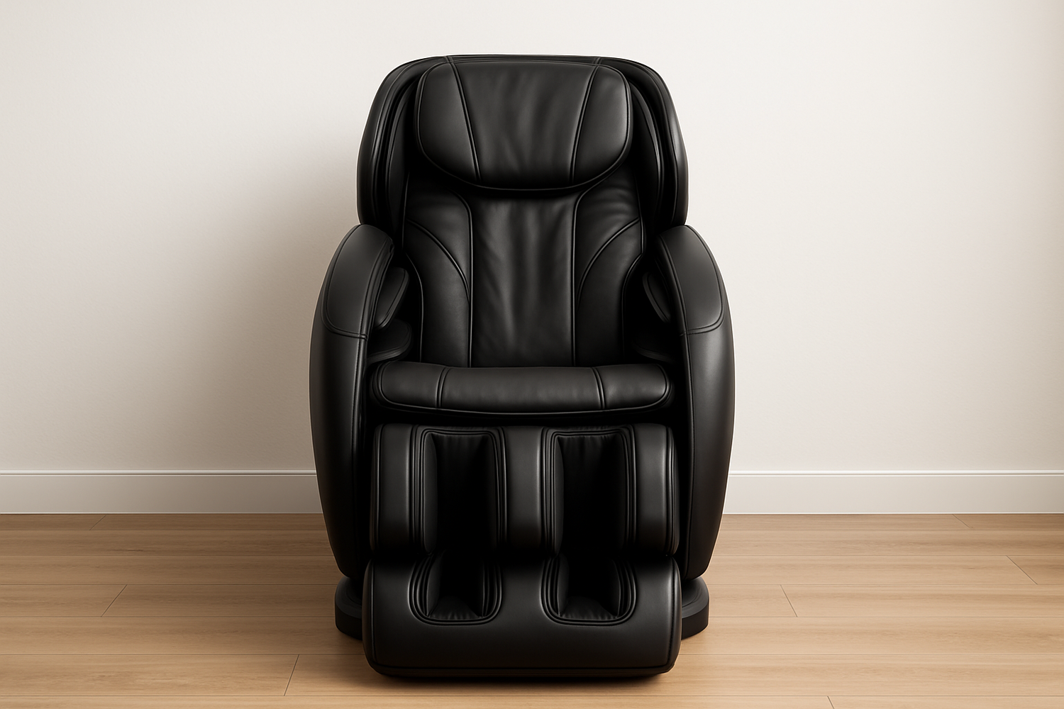 Generate me an image of a high end luxurious black massage chair from the direct front on a simple white wall and light oak wood floor background.