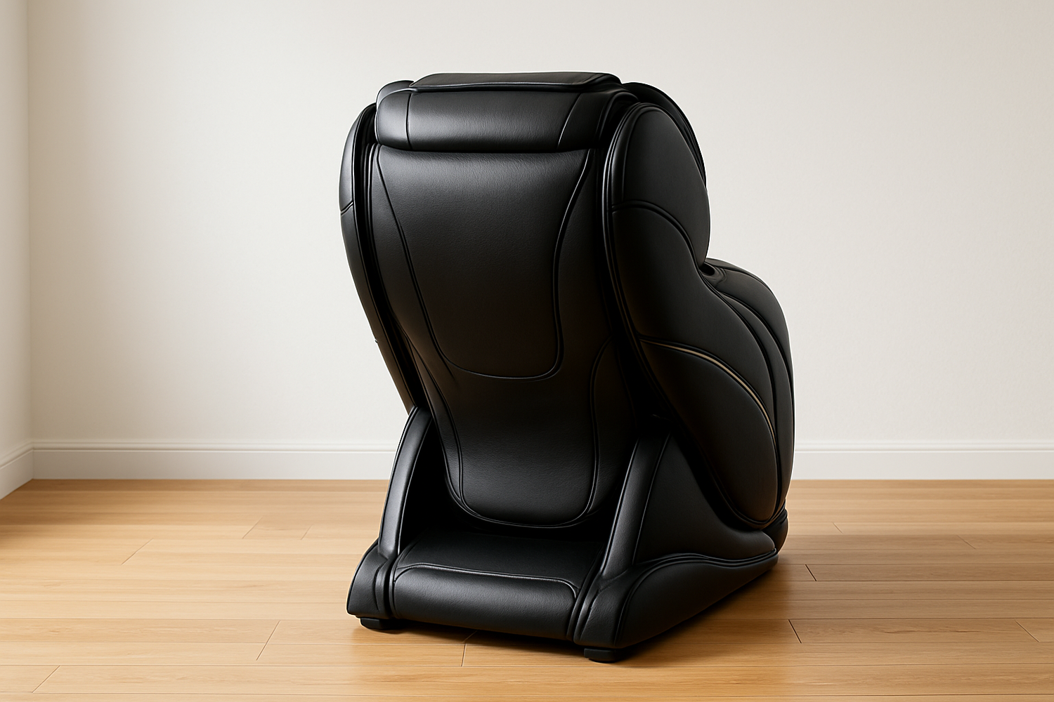 generate me an image of a highend luxurious black massage chair viewed from the back in a simple home setting with a white wall and light oak wood floors