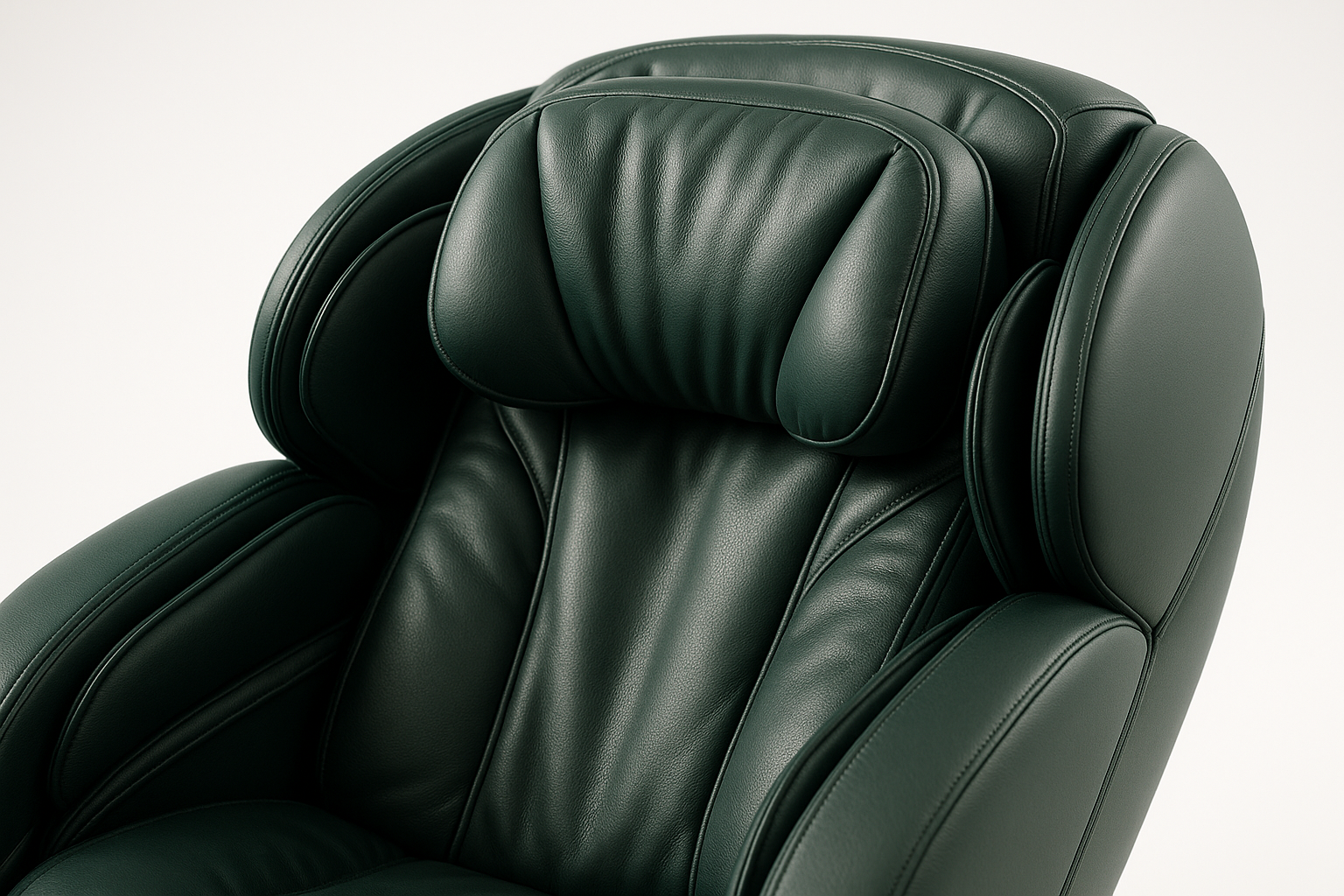 Create an image of a high end luxurious dark green massage chair on a white studio background. Do a close up on the head rest