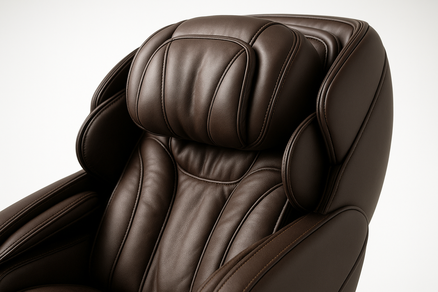 Generate me a closeup image of the headrest from a 45 degree angle on a luxurious massage chair on a white studio background