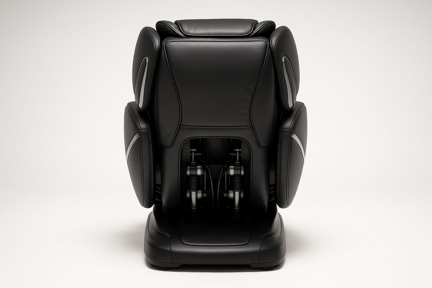 Generate me a picture of a black high end luxurious massage chair from the back on a white studio background