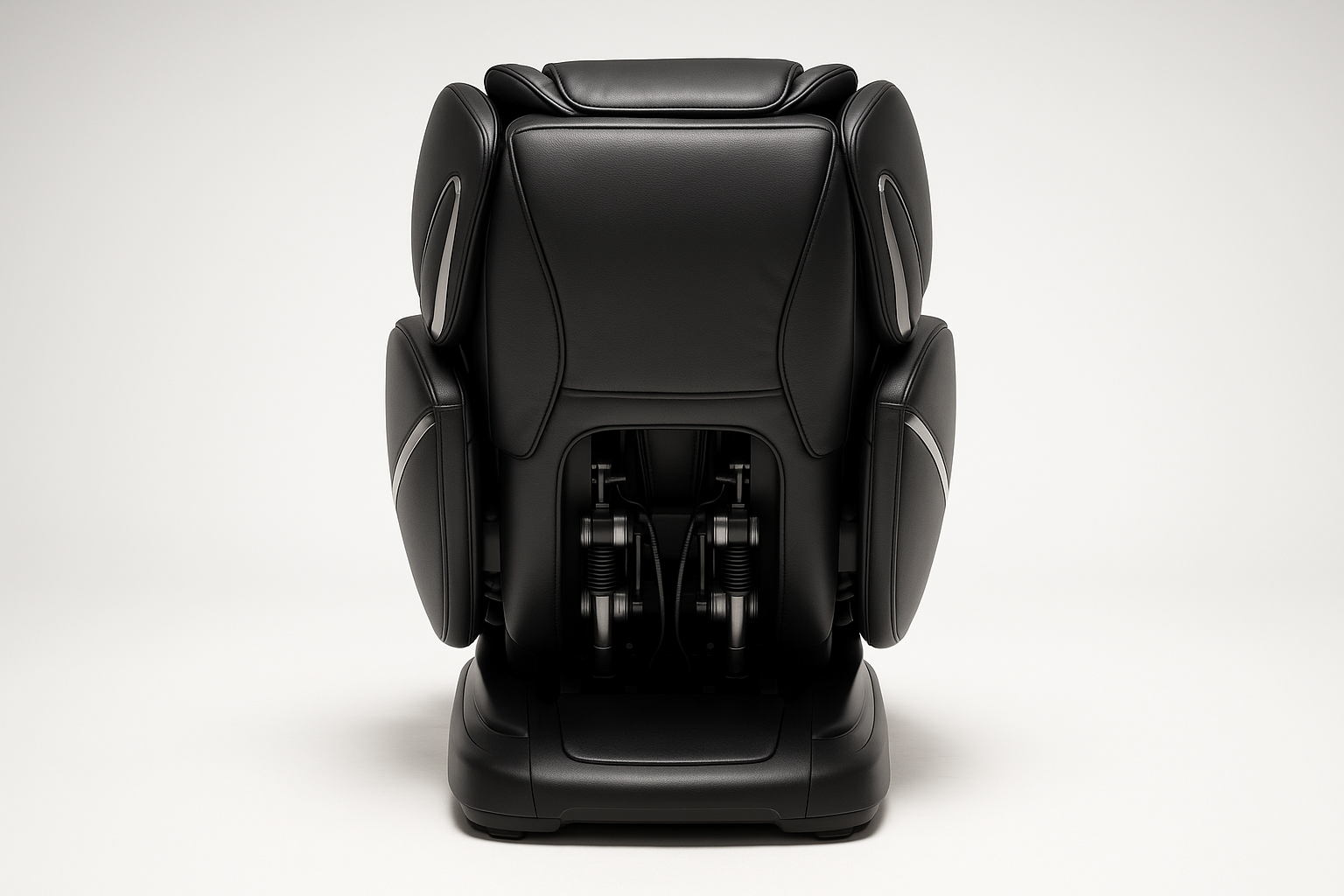 Generate me a picture of a black high end luxurious massage chair from the back on a white studio background