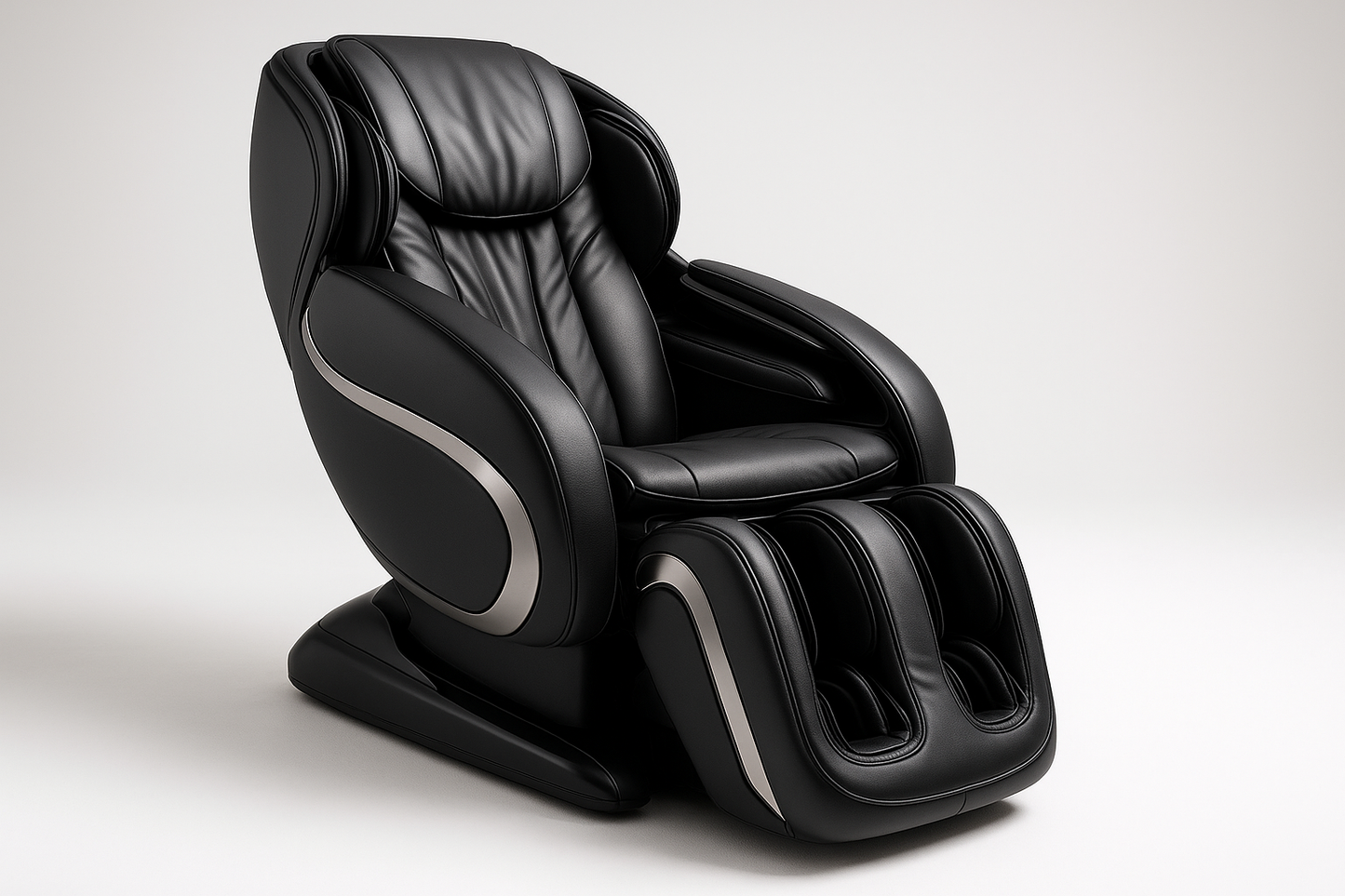 Generate me a picture of a black high end luxurious massage chair on a white studio background.