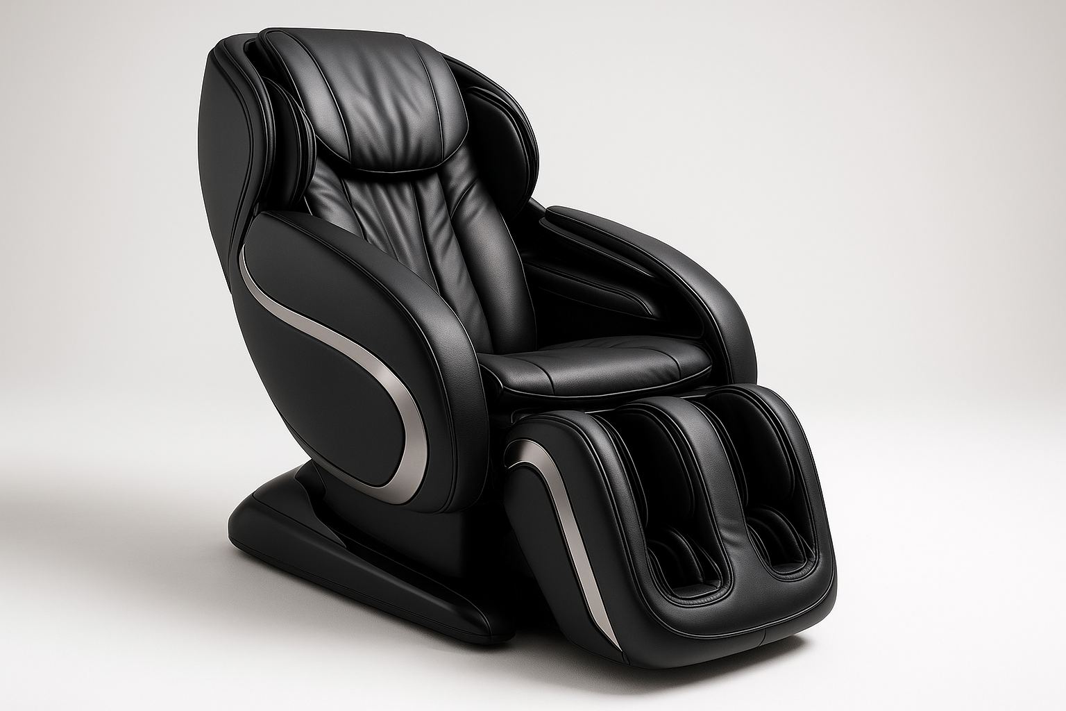 Generate me a picture of a black high end luxurious massage chair on a white studio background.