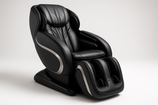 Generate me a picture of a black high end luxurious massage chair on a white studio background.