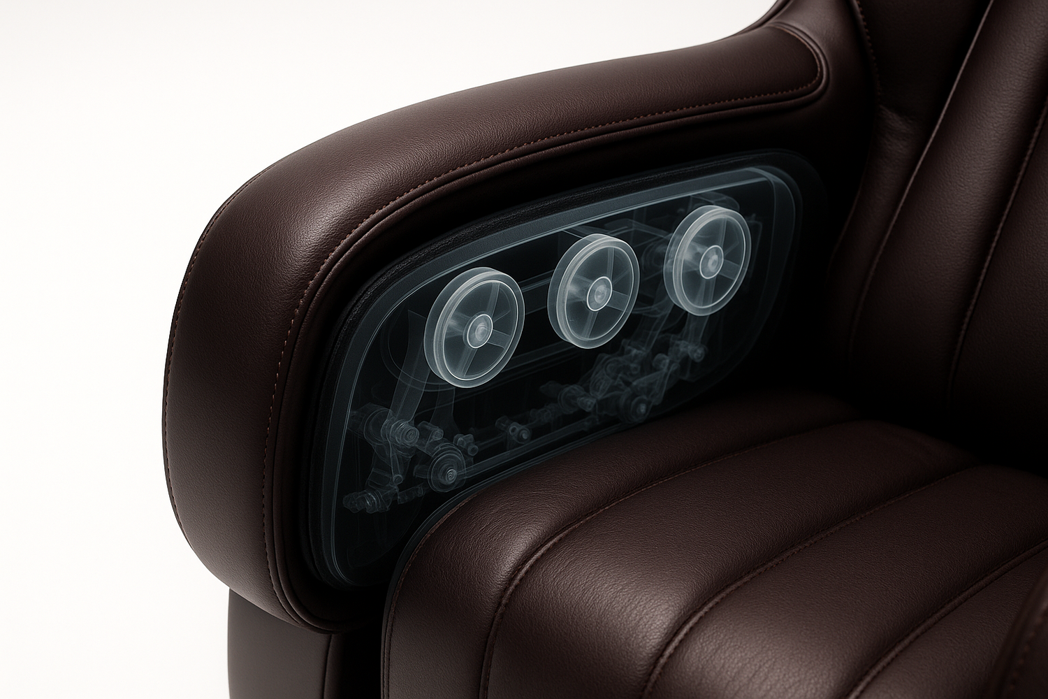 Generate me a picture of a close on an armrest of a luxury high end massage chair and add a sort of xray effect where you can see the pads that massage underneath it. I want the background to be that of a white studio.