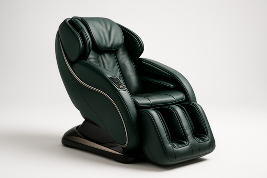 Generate me a picture of a high end luxurious dark green massage chair on a white studio background