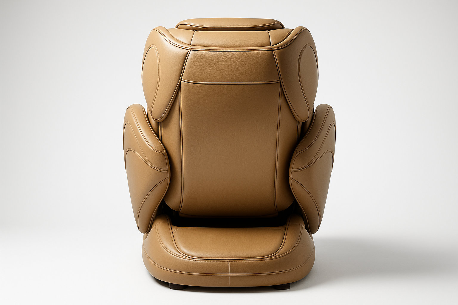 Generate me a picture of a light tan high end luxurious massage chair from the back