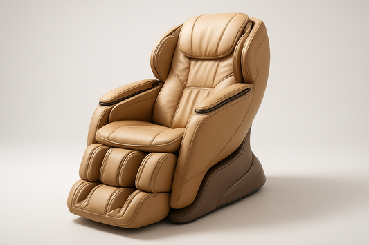 Generate me a picture of a light tan high end luxurious massage chair on a white studio background