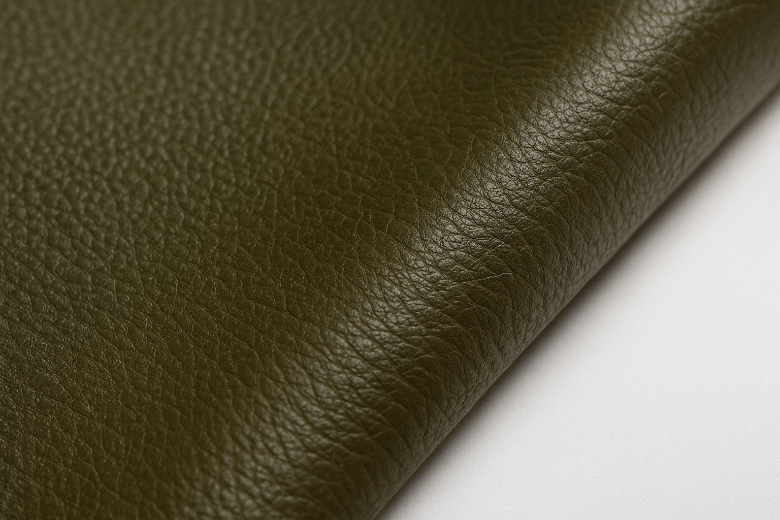 Generate me a picture of dark olive leather on a white studio background. Make it zoomed in enough on the leather to show details.