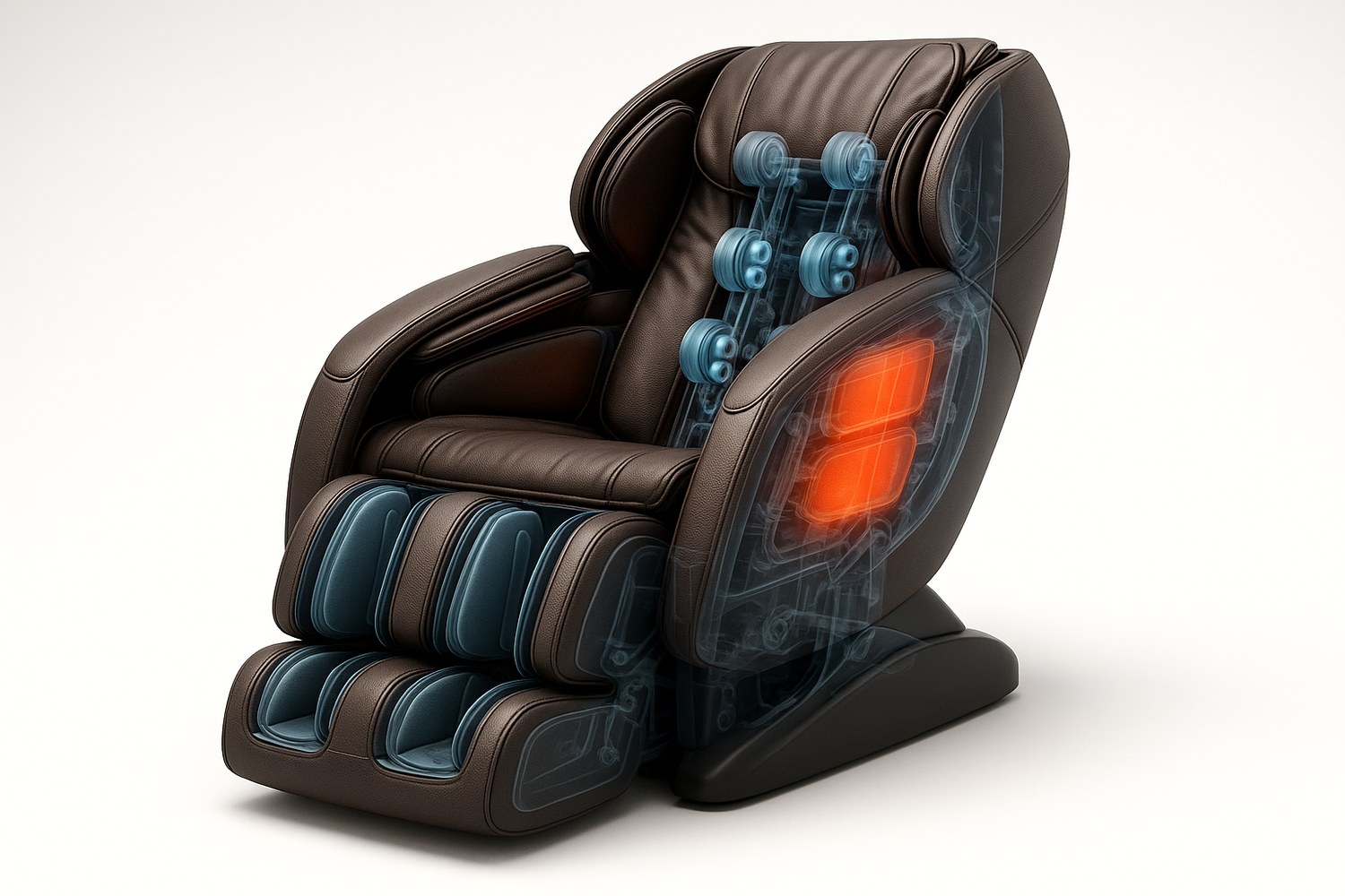 Generate me an image of a closeup on a high end luxury massage chair on a white studio background with a sort of xray effect where you can see the massaging parts and compartments of the massage chair itself