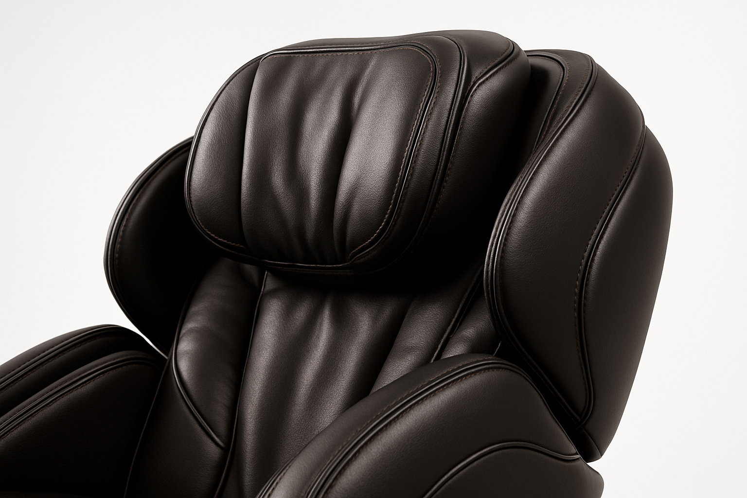 Generate me an image of a closeup on the headrest of a high end luxurious massage chair on a white studio background from a 45 degree angle from the side