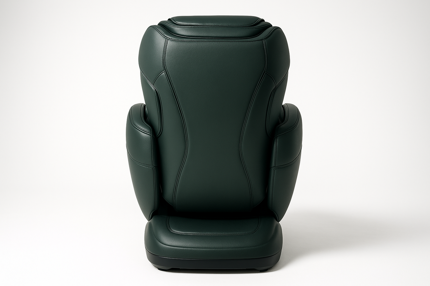 Generate me an image of a dark green luxurious high end massage chair from the back on a white studio background