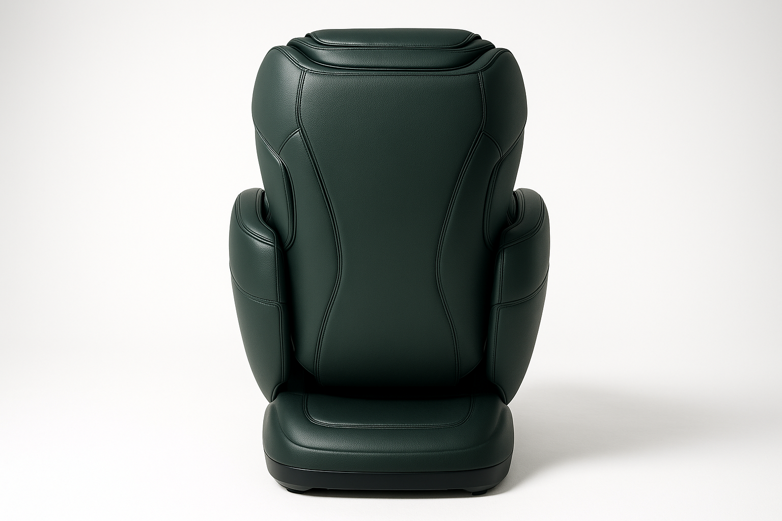 Generate me an image of a dark green luxurious high end massage chair from the back on a white studio background