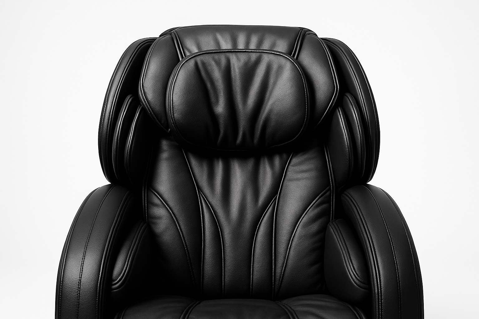 Generate me an image of a high end luxurious black massage chair with a close up on the headrest. Make the background studio white