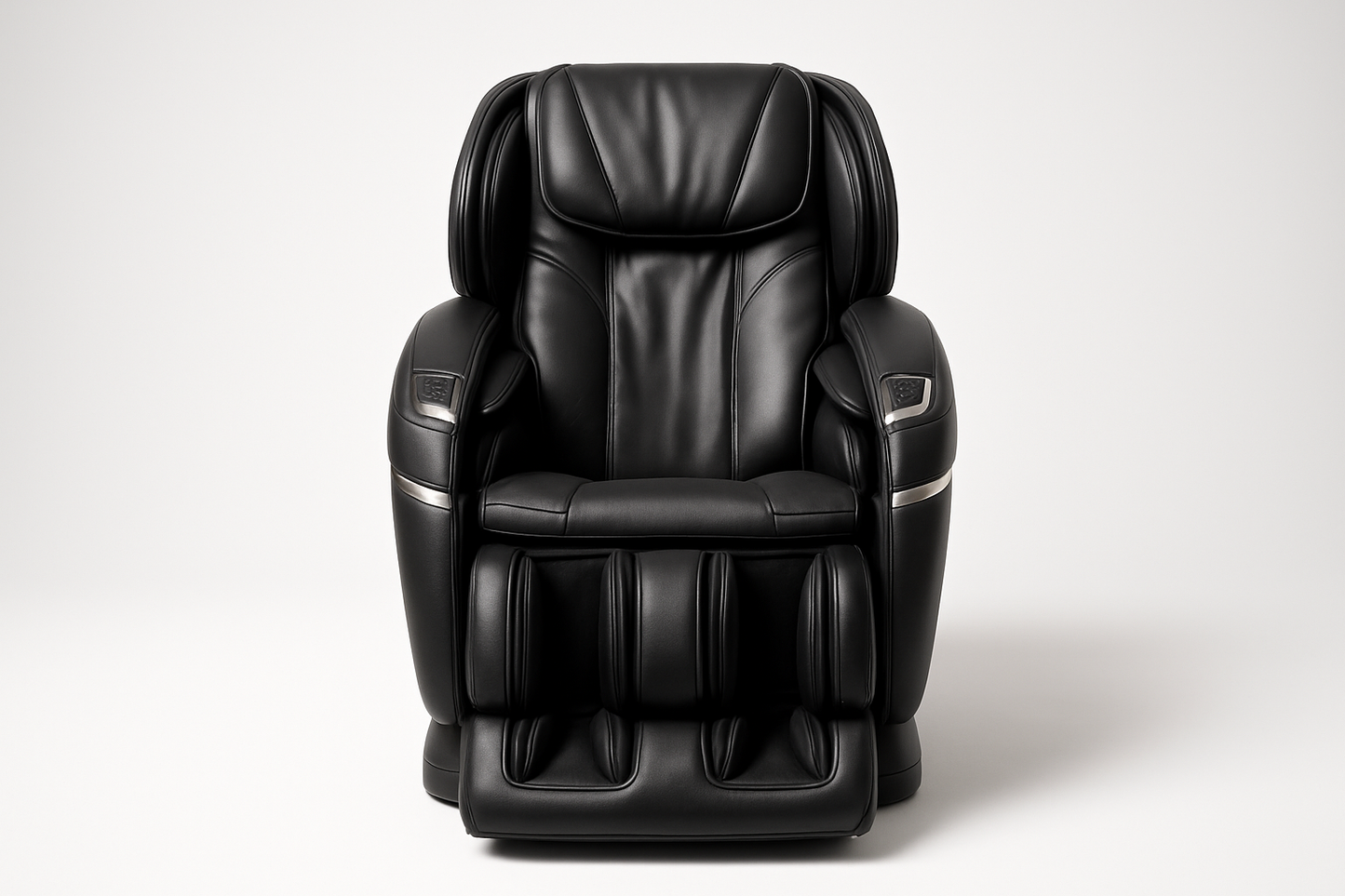 Generate me an image of a high end luxurious black massage seat from the front view with a studio white background