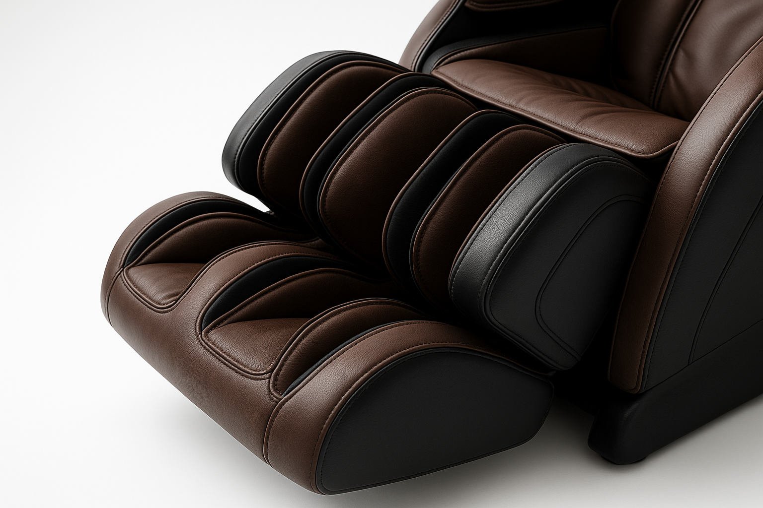 Generate me an image of a leg rest on a high end luxurious massage chair on a white studio background.
