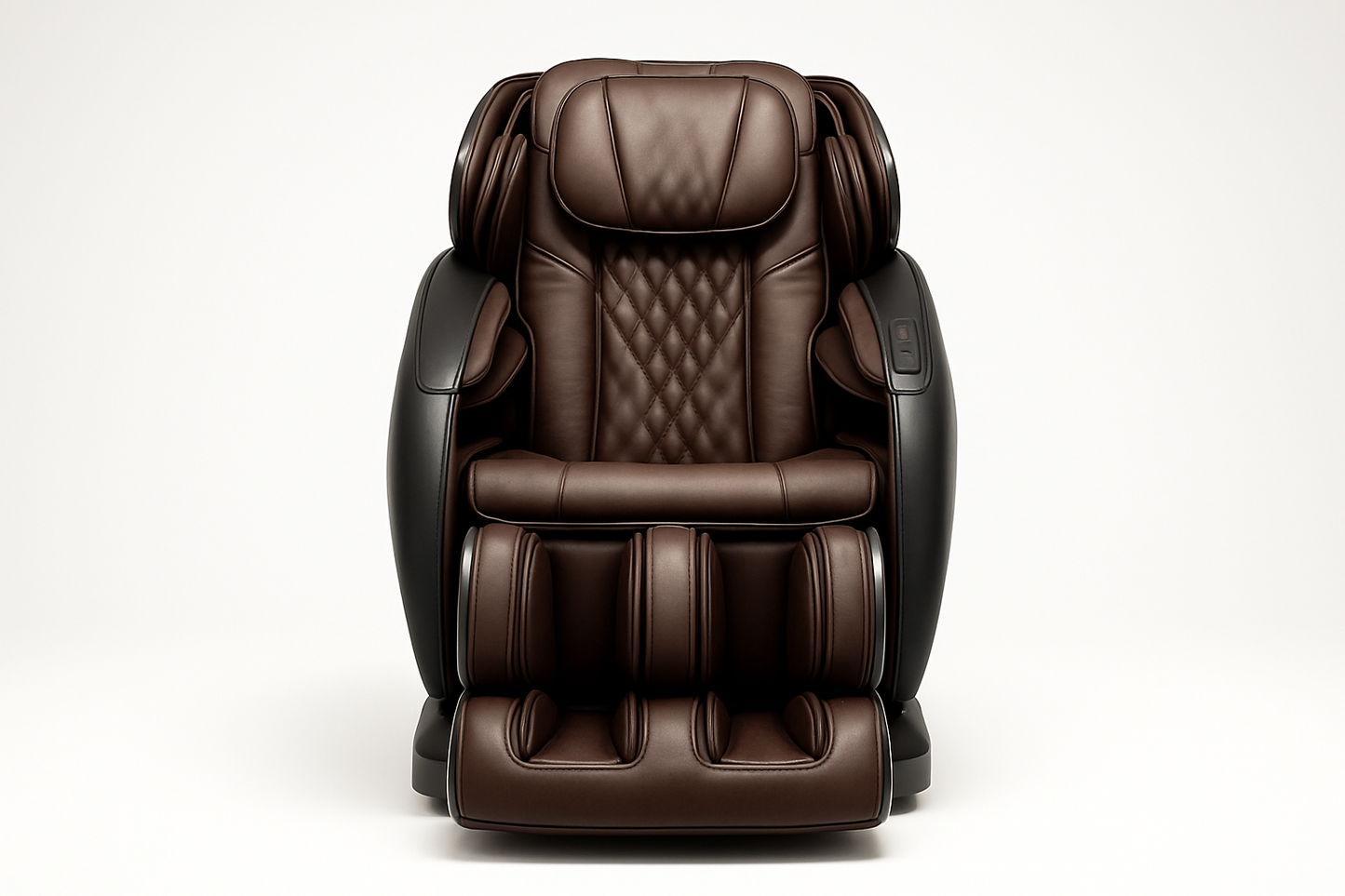 Generate me an image of a luxury high end massage chair from the front view on a white studio background