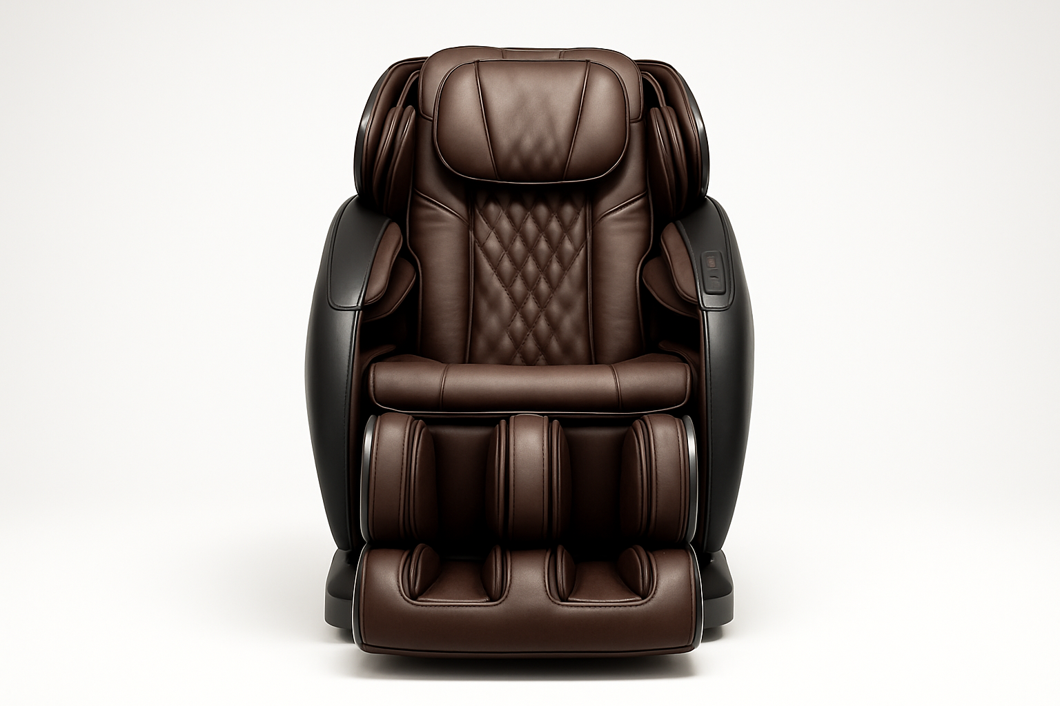 Generate me an image of a luxury high end massage chair from the front view on a white studio background