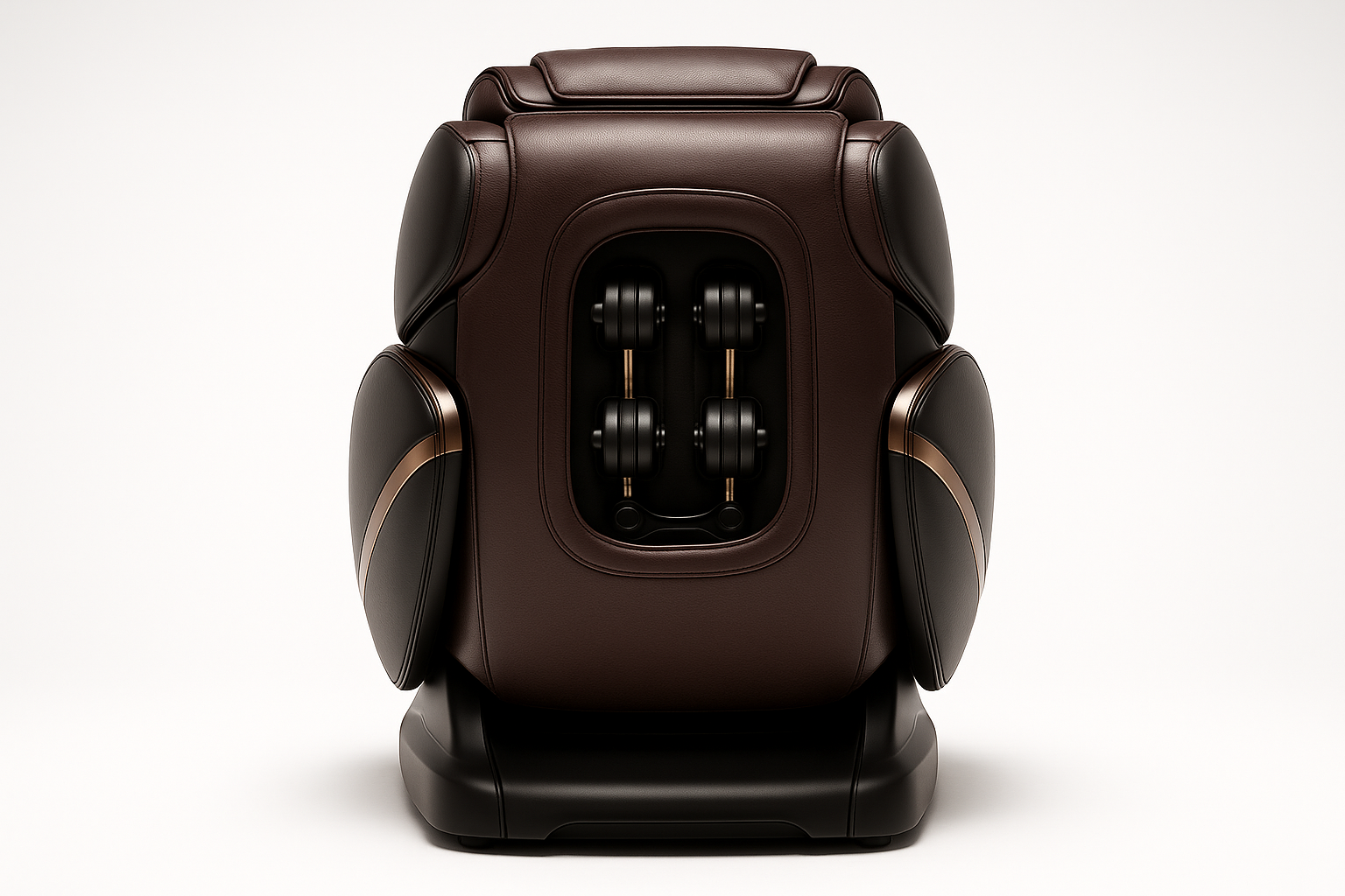Generate me an image of a luxury high end massage chair on a white studio background from the back view