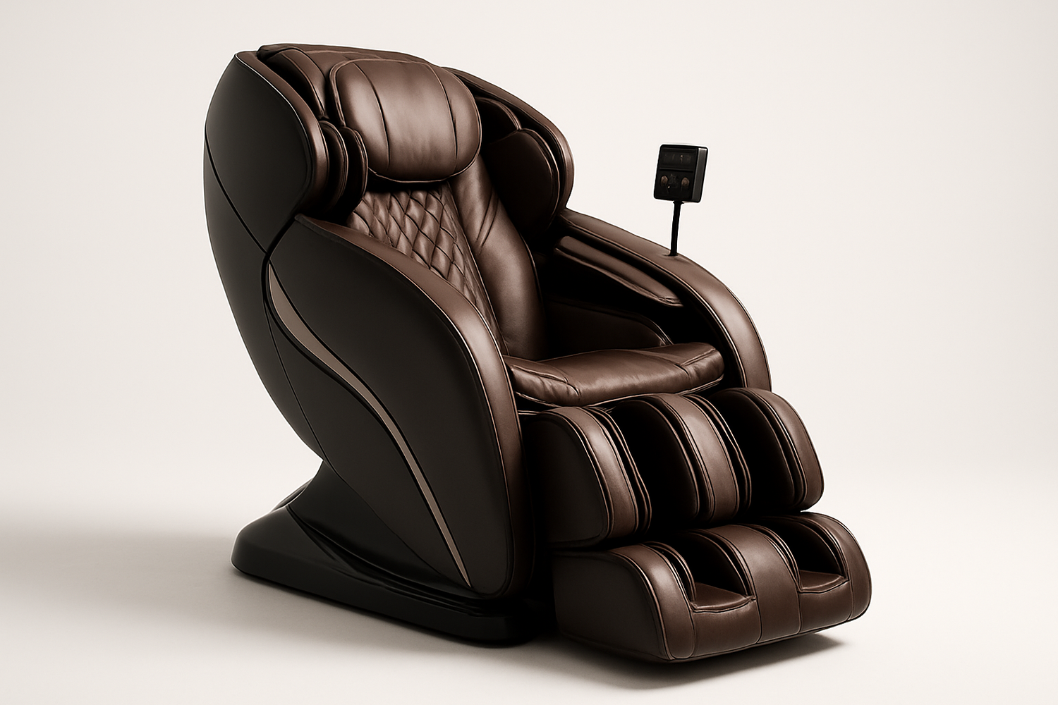 Generate me an image of a luxury high end massage chair on a white studio background.